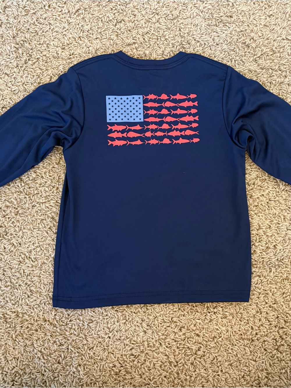 Columbia PFG Navy Long-Sleeve Kids Tee with Fish Flag Graphic, Size XS (6/7)